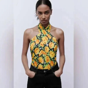 NWT Zara Twisted Halter Floral Black & Yellow Bodysuit